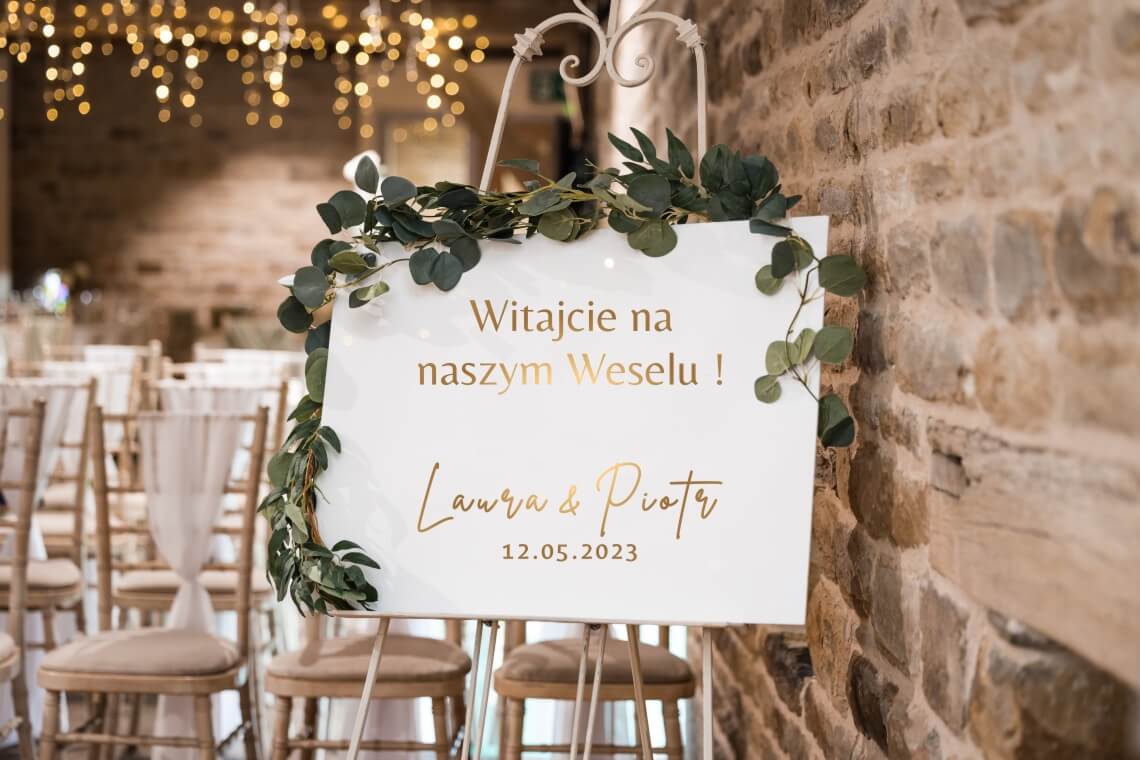 Tablica powitalna na wesele złote imiona pary młodej