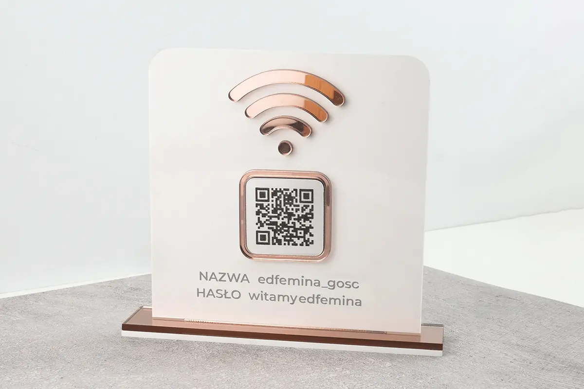 Tabliczka na stojaku z kodem QR WI-FI różowe złoto