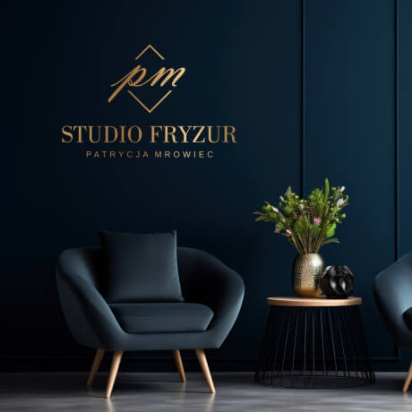 Logo złote lustro studio fryzur na ścianę - inicjały