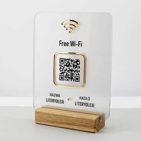 Statuetka free Wi-Fi na drewnianej podstawce złote dodatki