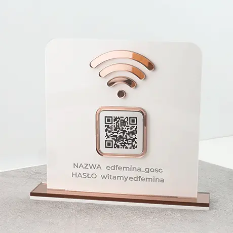 Tabliczka na stojaku z kodem QR WI-FI różowe złoto